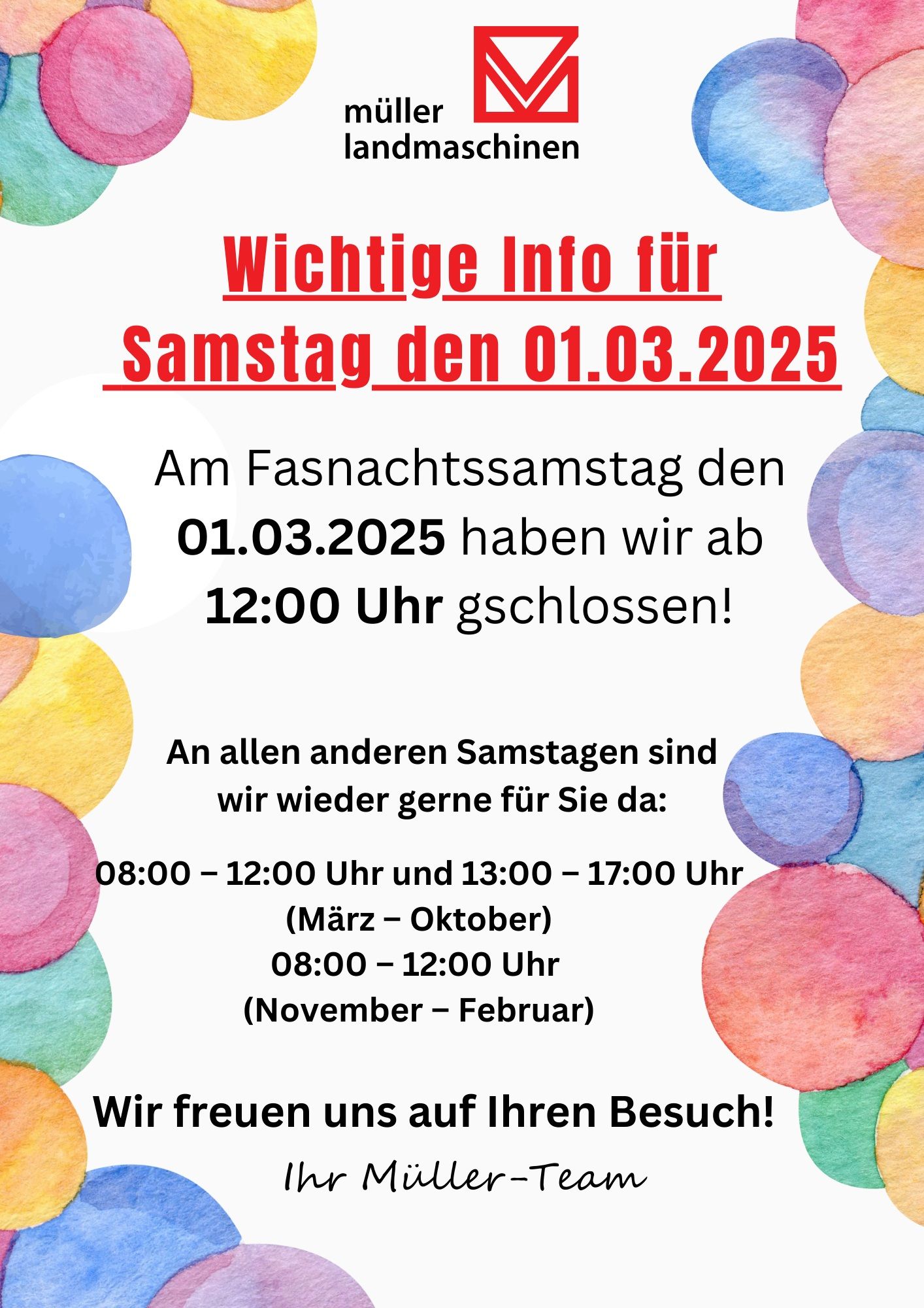Öffnungszeiten am Fastnachts Samschtig